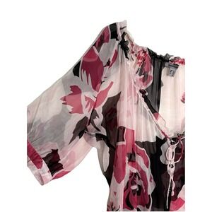 Colorful Bold Floral Blouse Wide Ruffled Neck Button Up Semi Sheer Sz 14 Boho